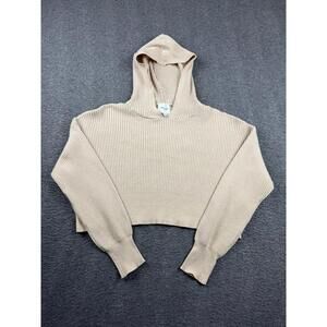 Pink Rose Cropped Hoodie Ribbed Knit Sweater Beige Tan Women’s Size XS
